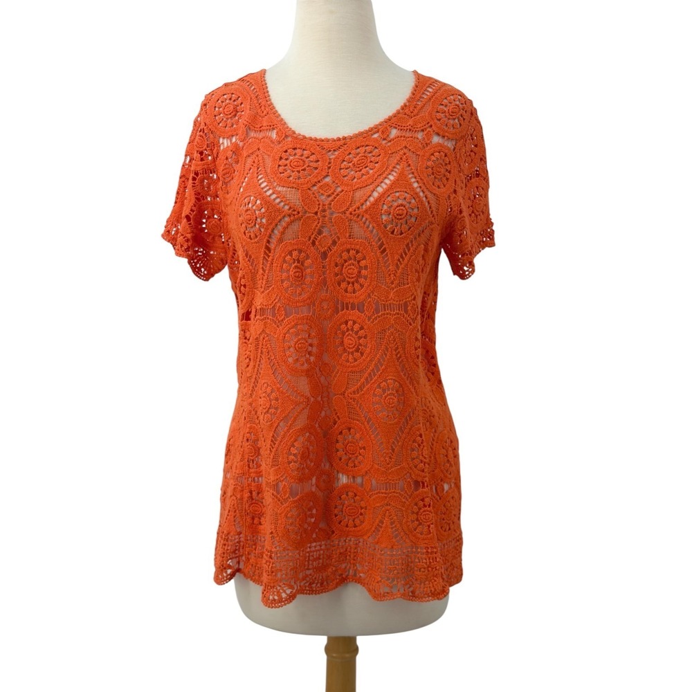C. Est. 1946 Womens Orange Crochet Lace Short Sleeve Blouse Tunic Top Size M